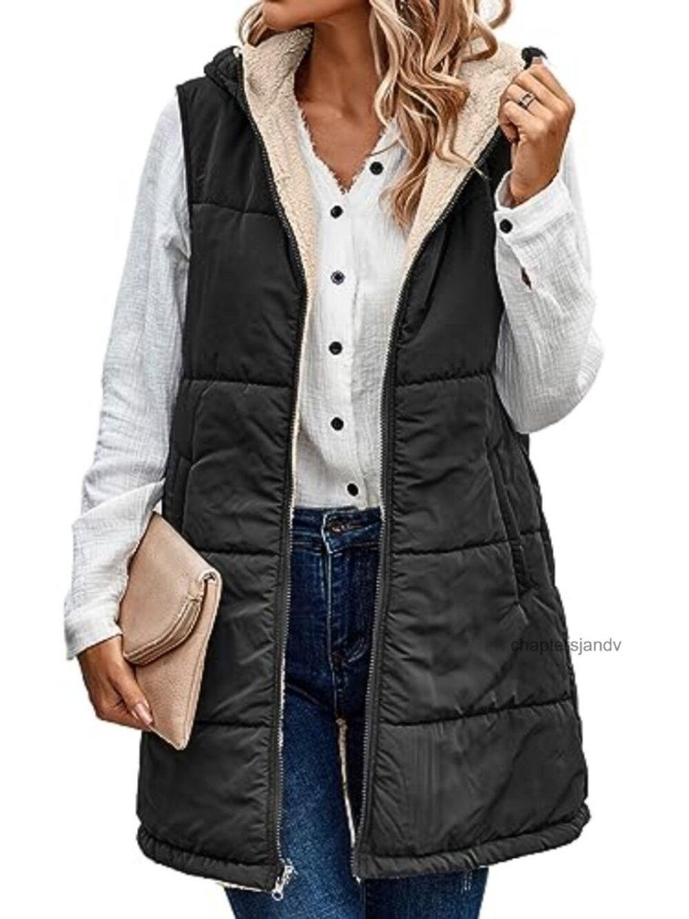 Women's Reversible Fleece Lined Puffer Vest Hooded Zip Up Sleeveless Coat